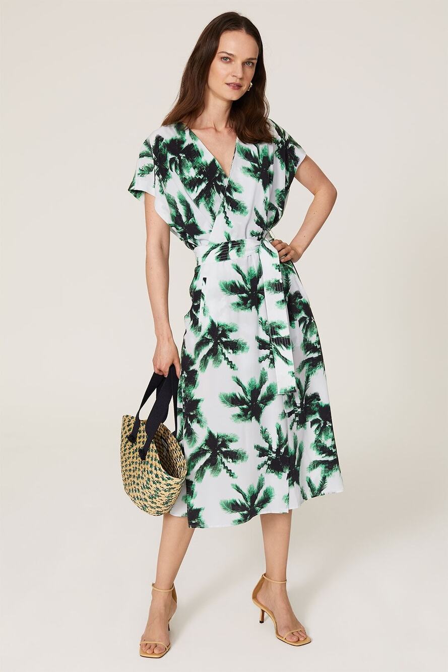 Equipment White Green Bijou Tropical Palm Leaf Print Belted Midi Dress Size 2